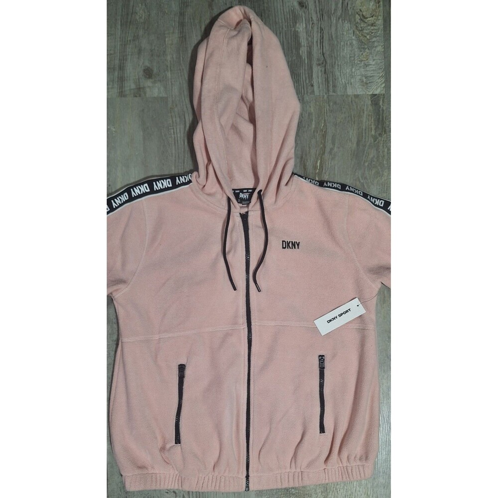 DKNY Sport Womens Pink Full Zip Fleece Hoodie Stripe Logo Sweatshirt Medium NWT - Picture 3 of 8